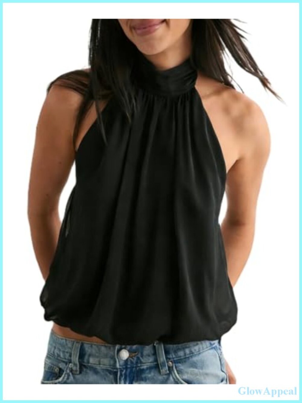 Chiffon Halter Top Sleeveless Mock Neck Open Back Bubble Hem